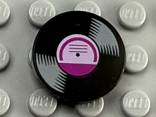 Lego Tile Round 2x2 with Bottom Stud Holder with Vinyl Record with Magenta Label