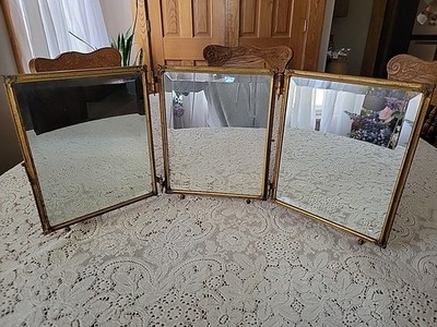 Antique Victorian Couple Ormola Celluloid Tri-fold Beveled Dresser Wall Mirror
