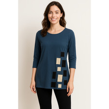 Redwood Court Patchwork Tunic Small Blue 3/4 Sleeve Scoop Neck Artsy Cotton NWT