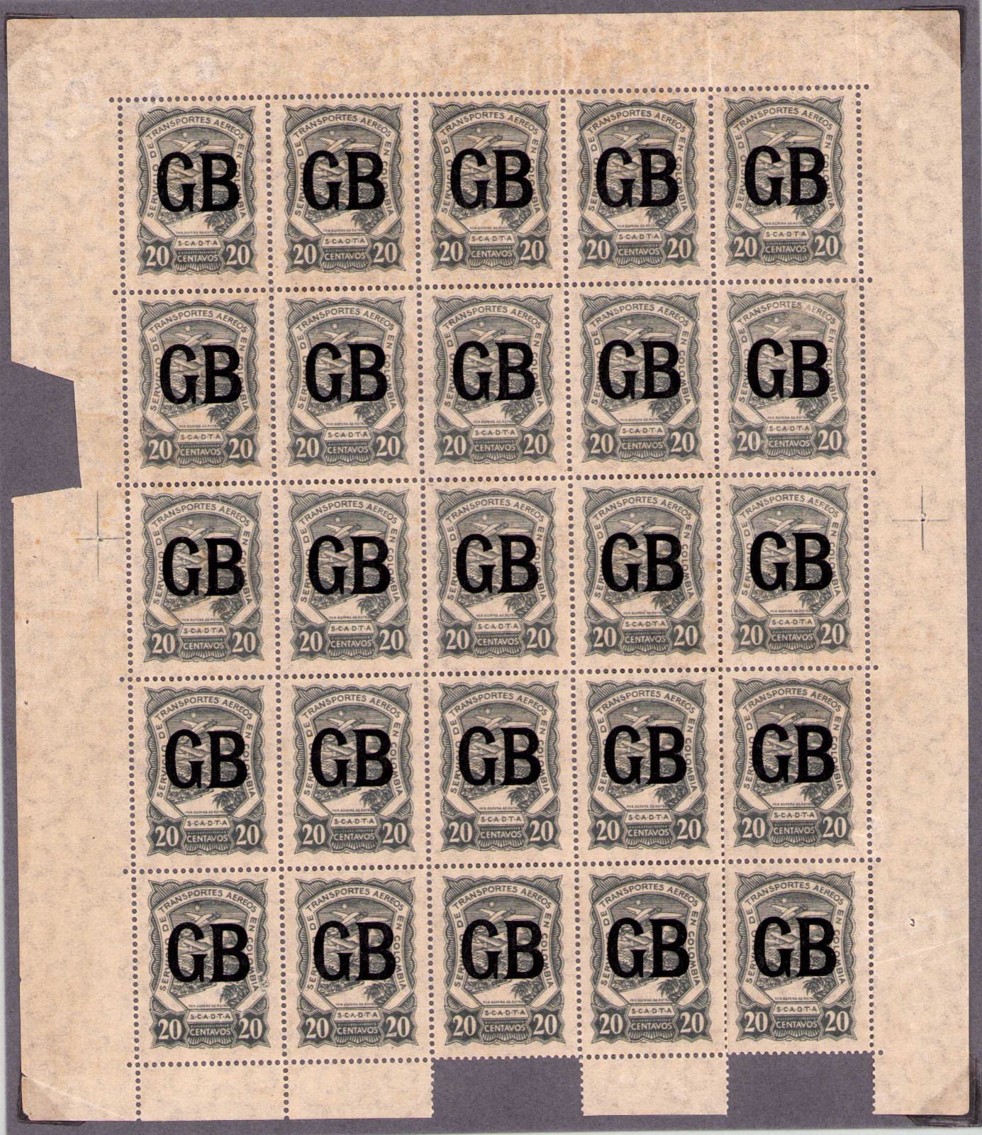 COLOMBIA - GREAT BRITAIN - SCADTA - CONSULAR 20c SHEET - Sc CLGB54 - 1923 RRR