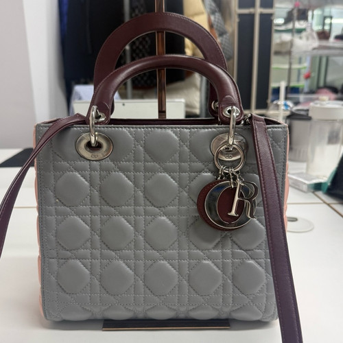 Authentic Christian Dior Lady Dior Cannage Gray Pink Handbag Crossbody