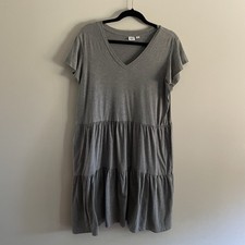 Gap Women L Light Heather Gray Jersey Knit Tiered V-Neck Flutter Sleeve Dress