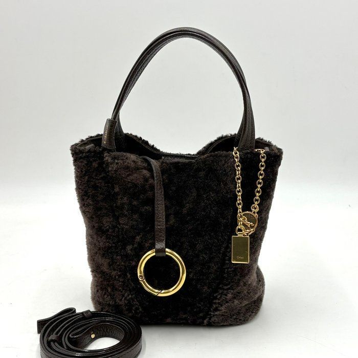 Auth Chloe Spin Small Shearling 2-Way Shoulder Bag/Handbag, Brown 2Y9626