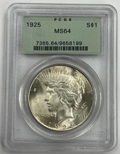 1925 US Silver $1 Peace Dollar PCGS MS64 Gen 2.3 Holder