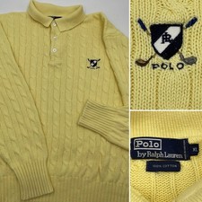 POLO RALPH LAUREN CABLE KNIT SWEATER SIZE XL YELLOW COLLARED LOGO VINTAGE