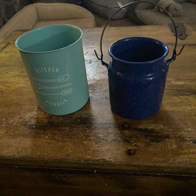 Enameled Containers.  One Is Labeled For Kitchen Utensils, One Unlabeled