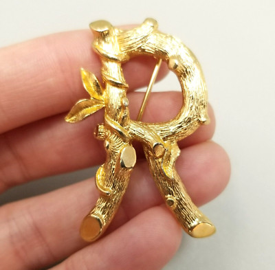 Vintage R Letter Monogram Brooch, Gold Tone Lapel Pin, Sarah Coventry
