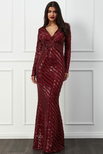 Goddiva LENTEJUELAS MAXI Vestido a Rayas Vino UK8-16 Vestido Cóctel Fiesta Noche RP £89 - Imagen 7 de 12