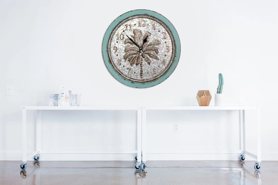 23" Wall Clock, Palm Tree Home Decor Kitchen Living Large Wood & Metal Clock - Image 2 of 2