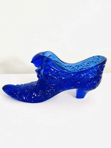 Fenton Cobalt Blue Snow Flakes Glass Shoe Long Puss N Boot Daisy Button