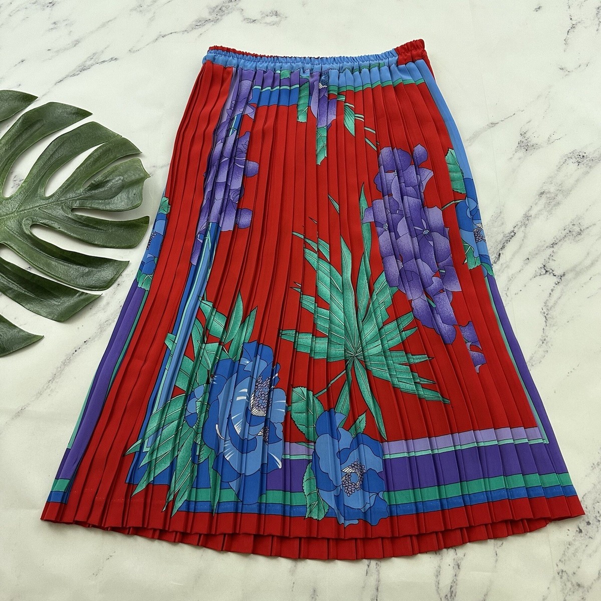 Womens Vintage 80s Accordion Pleat Midi Skirt Size M Red Blue