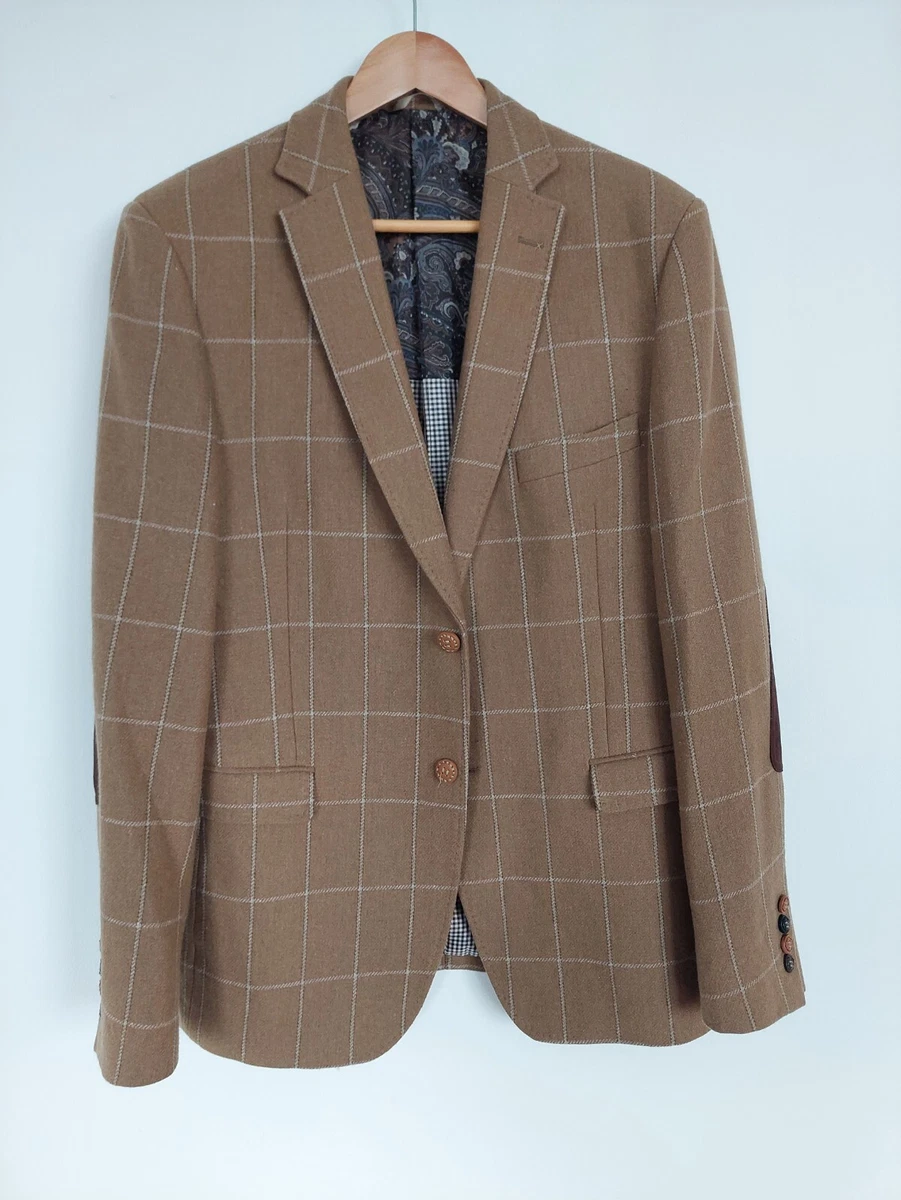 7 Square Beige Check Suit Jacket With Elbow Patches Men s Size 42