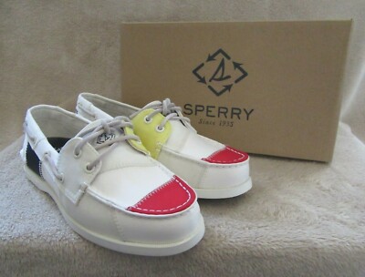 SPERRY A/O 2 Eye Prep Bionic White Navy Yellow Boat Shoes US 6 M EUR 36 NWB