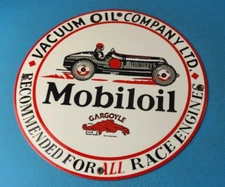 VINTAGE MOBIL MOBILOIL PORCELAIN METAL RACE CAR 11 3/4" GARGOYLE GAS PUMP SIGN