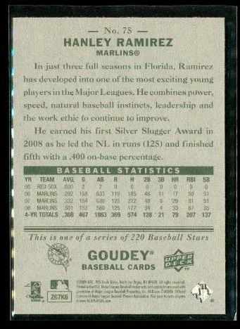 2009 UPPER DECK GOUDEY Baseball Trading Card #75 HANLEY RAMIREZ Florida Marlins - Image 2 of 2