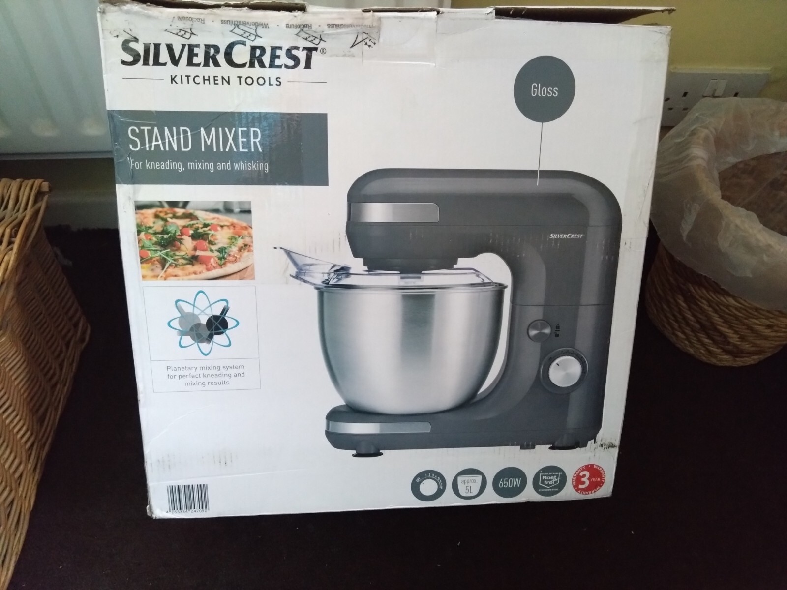 New unused Silvercrest stand mixer with 3 attachments and cover in
