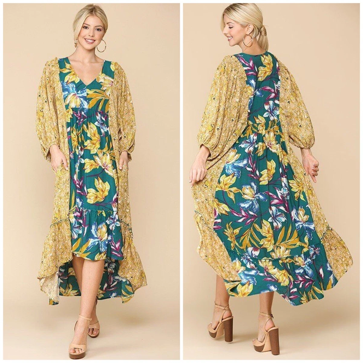 GiGio USA Floral High Low Maxi Midi Dress V neck Side Pocket Ruffled Puff Sleeve