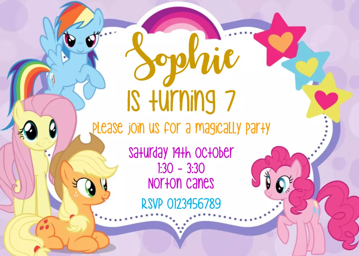 Personalised My Little Pony Girl Brithday Party Invitations Magical Purple