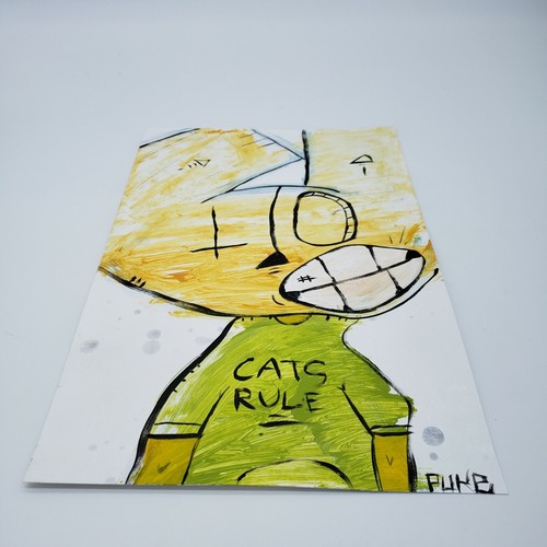 outsider art gatto arrugginito dipinto originale su carta dello street artist di New York PUKE - Foto 2 di 3