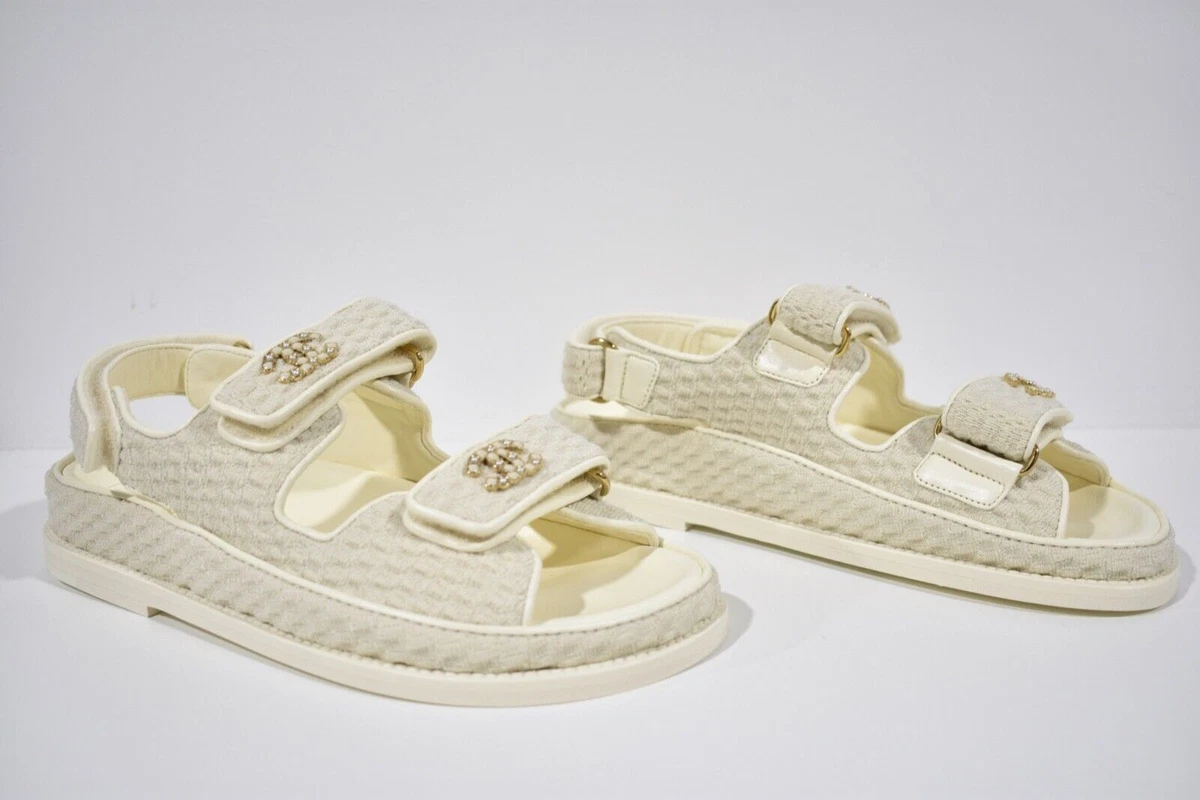 Chanel 22S Ivory White Knit CC Logo Mule Slide Strap Flat Dad Teva Sandal  36.5