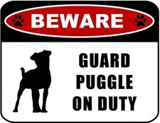 Blinking Red LED Beware Guard Puggle On Duty 11.5" x 9" Laminated Dog Sign