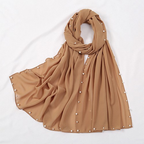 Women's Chiffon Hijabs Scarves Pearl Studded Solid Color Muslim Headscarves Wrap - Picture 18 of 24