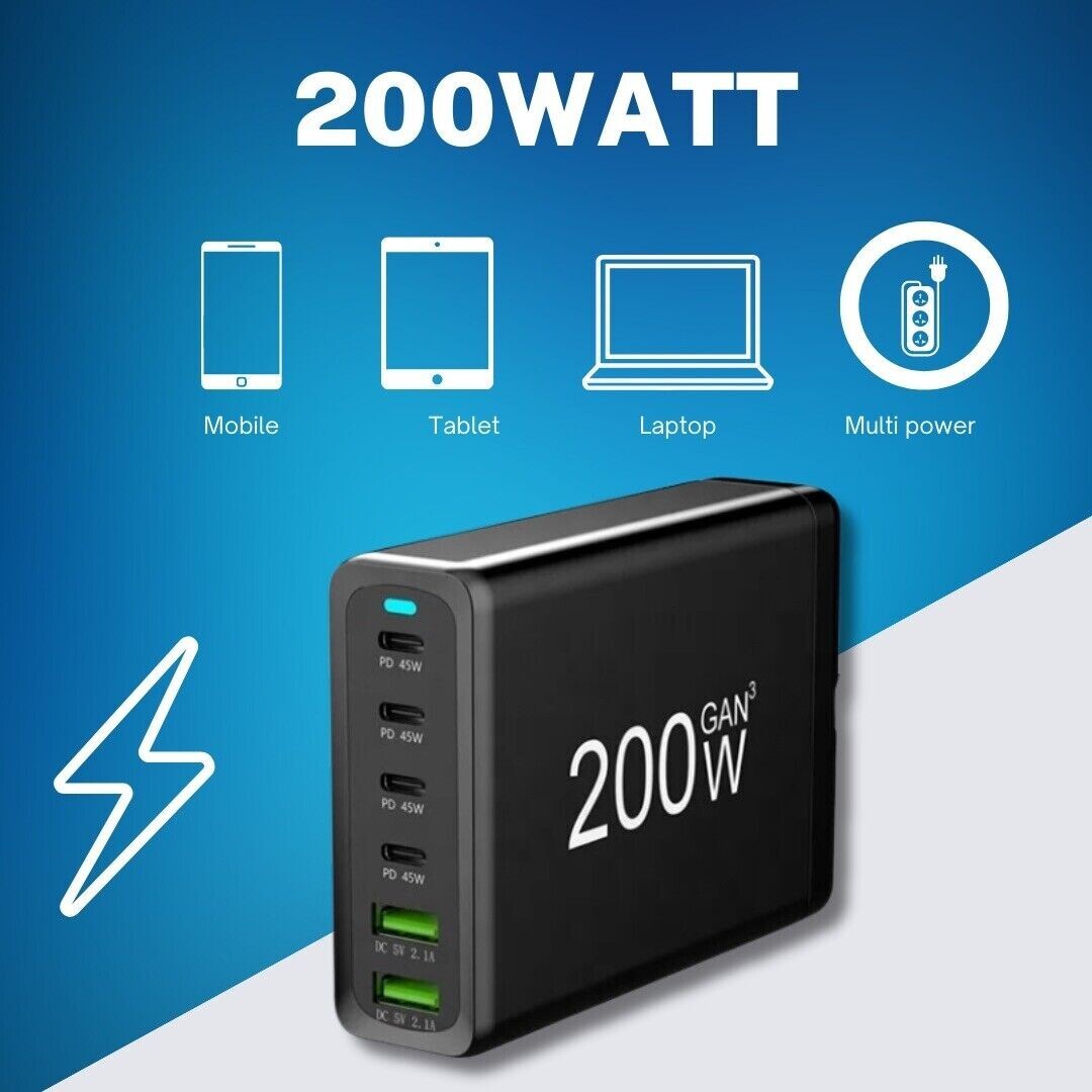 Fast GaN 200W Multi usb Wall Charger Quick Charging QC PD Type C USB