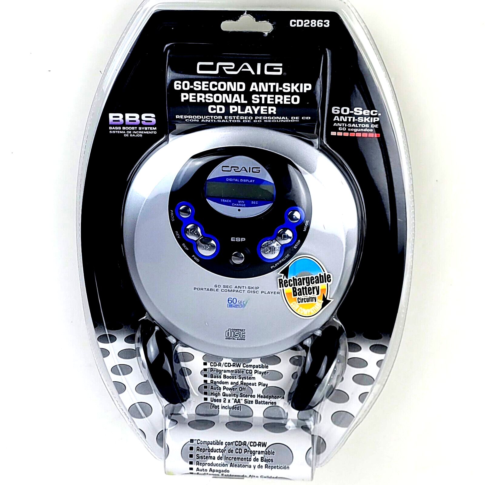 Craig Portable CD Player 60 Second Anti-Skip Bass Boost Headphones CD2863 NIP