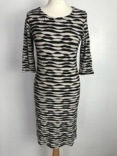 Pomodoro Black Beige Striped Stretch Bodycon Ribbed Knee 3/4 Sleeve Dress Size 8