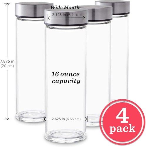 4 Pack Wide Mouth Glass Bottles with Leak Proof Steel Lids - 16oz for Juicing - Picture 8 of 11