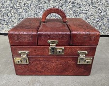 Vintage Tooled Leather Artmex Mexico Travel Overnight Vanity Train Case