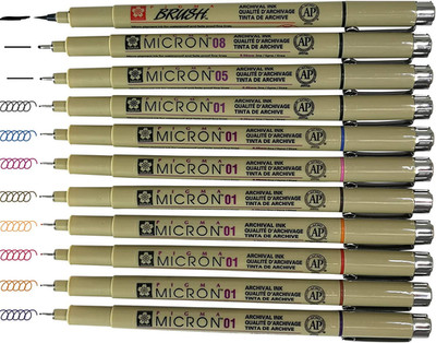 Sakura Pigma Micron Artist Pens 12 Fineliner Archival Ink Black & Colors, 8 Asso