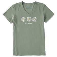 Life is Good. Women's Three Painted Daisies Short Sleeve Vee, Moss Green