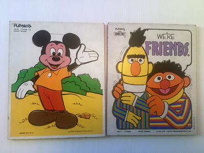 Lot of 2-Vintage Wood Playskool Bert & Ernie Muppets + Mickey Mouse Puzzles 1978