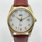 Vintage Timex Men's Watch 34mm Gold Tone Date Indiglo Leather New Battery 2000