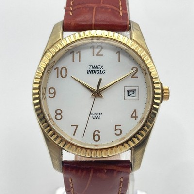Vintage Timex Men's Watch 34mm Gold Tone Date Indiglo Leather New Battery 2000