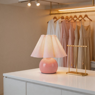 Pink table lamp with beige shade suits modern walk-in closets.
