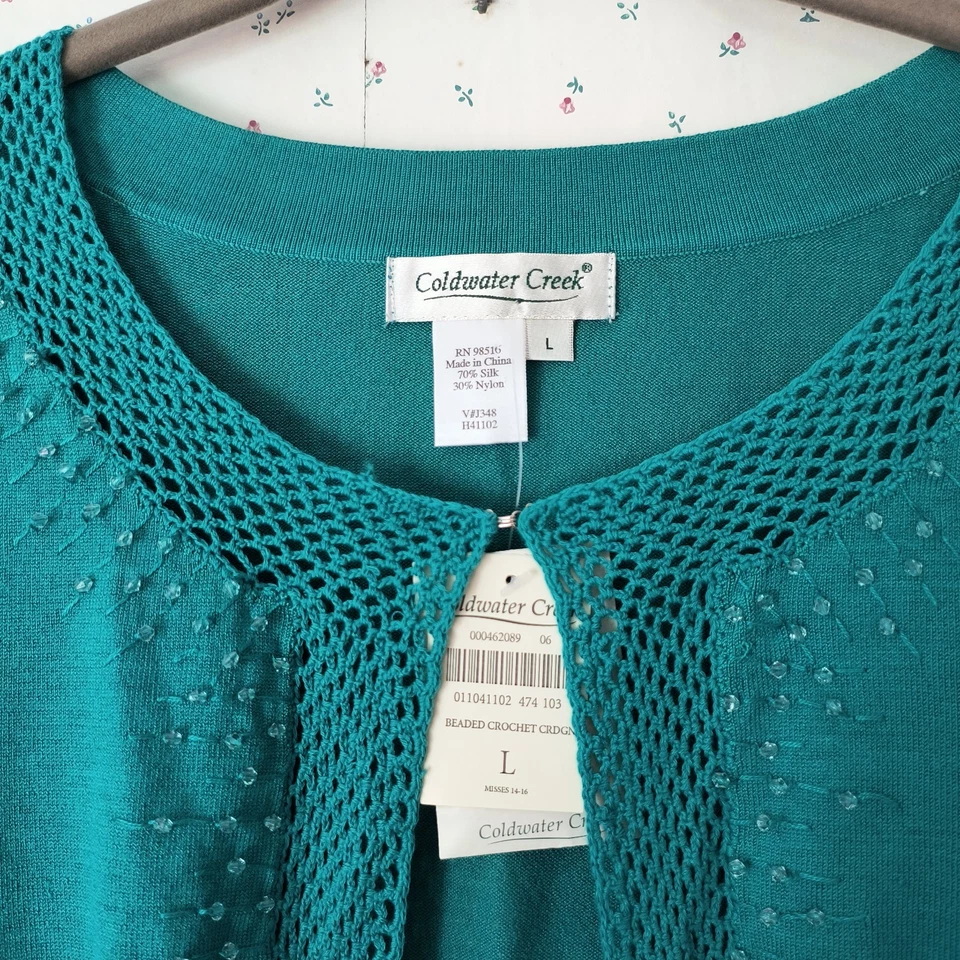 Coldwater Creek Cardigan Sweater L Green Crochet Beaded Silk Blend Office Travel - Image 3 of 4