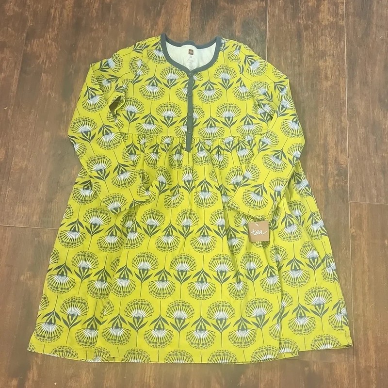 TEA COLLECTION dandelion dress girls 12 green+navy long sleeve floral babydoll