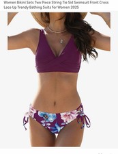 NWT Cupshe Two Piece Swimsuit Size Small Purple Floral Peach Blue Red White