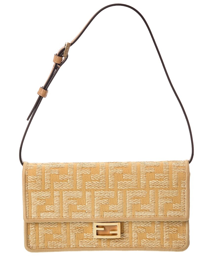 Fendi Baguette Ff Jacquard Raffia - Leather Wallet On Chain Womens Beige 217490₽