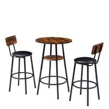 Round Bar Stool Set with Shelf Upholstered Stool with Backrest Rustic Brown