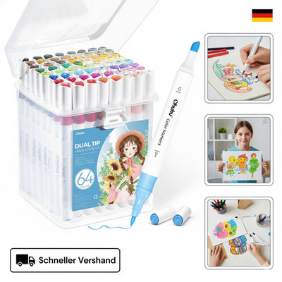 Ohuhu Marker Stifte Auf Wasserbasis, 63+1 Farben Filzstifte Set Doppelspitze Mar