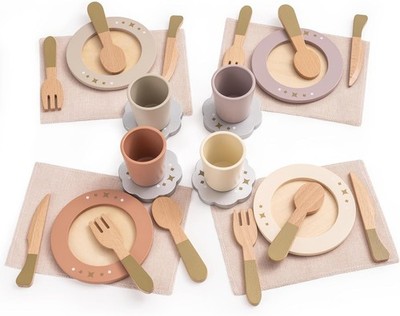 ROBUD Kinderküche Zubehör Holz Geschirr, 29 PCS Teller und Küchenutensilien Ge