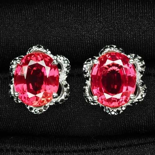 925 Sterling Silver White Gold Halo Earrings Pink Padparadscha Sapphire 14.05Ct