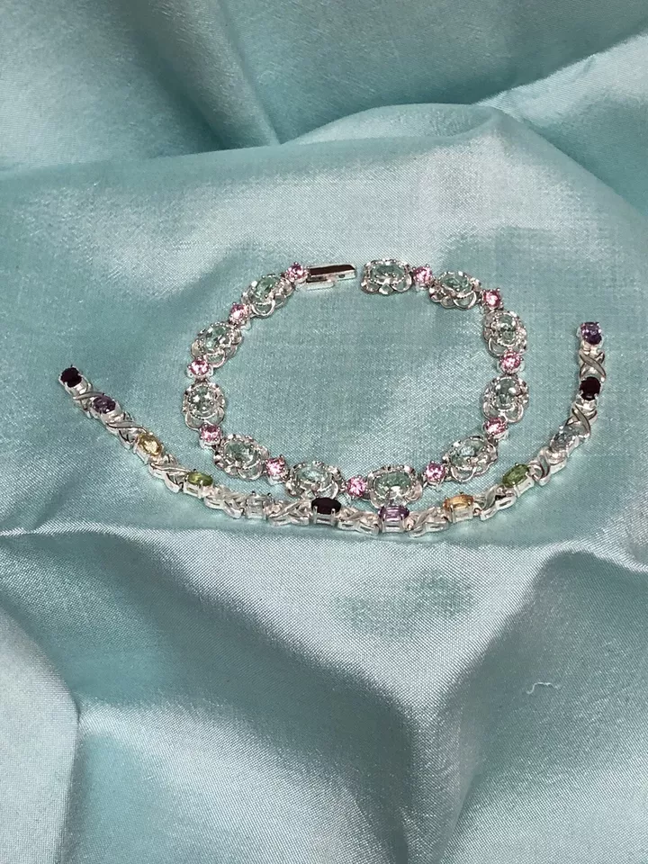 2 Multi-Color Gemstone Tennis Rainbow Bracelet Silver Tone Clasps Need Repair - Image 2 of 4