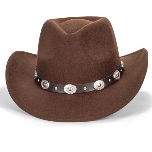 Western Outback Felt Cowboy Hat for Medium-Large Brown With Metal Silver Button - Foto 6 di 7