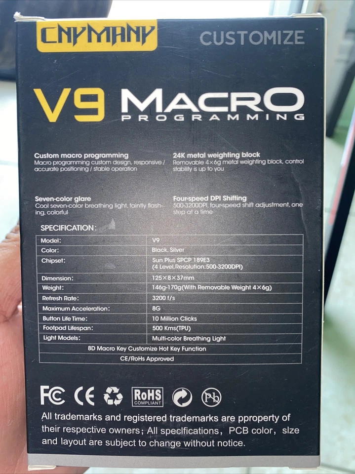 CNYMANY Gaming Mouse Wired V9 Removable Weights Breathing Light 3200 DPI - Image 3 of 4