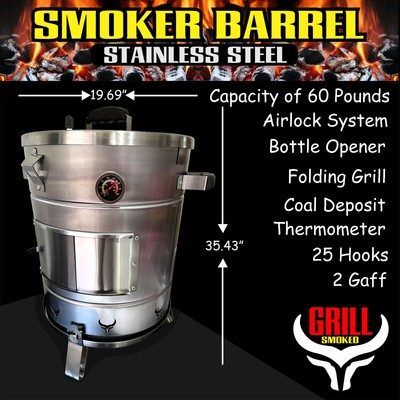 GRILL SMOKER BARREL STAINLESS STEEL 60 lbs