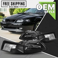 Pair LH+RH Replacement Black Housing Clear Headlight Lamp fit 99-04 fitd Mustang